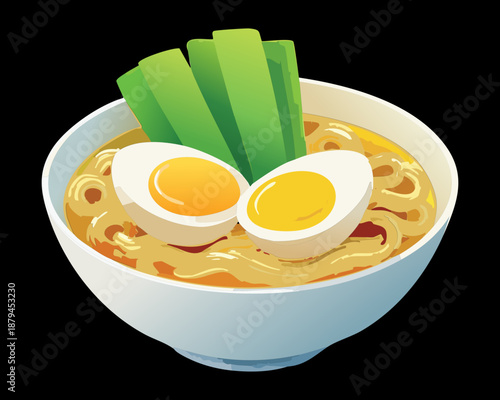 Hot ramen noodle soup with boiled egg for delicious japanese meal and restaurant food - Vector Illustration