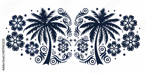 tropical palm trees and flowers design with swirls on white background
