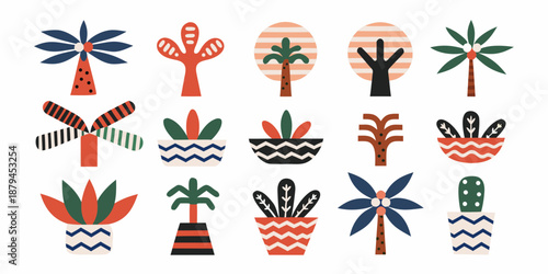 a collection of colorful potted plants and trees in various designs