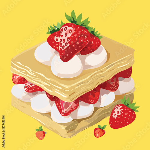Gourmet strawberry pastry with multiple layers and cream for sweet dessert and bakery shop - Vector Illustration