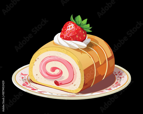 Sweet strawberry swiss roll cake slice for bakery shop and tea time dessert snack menu - Vector Illustration