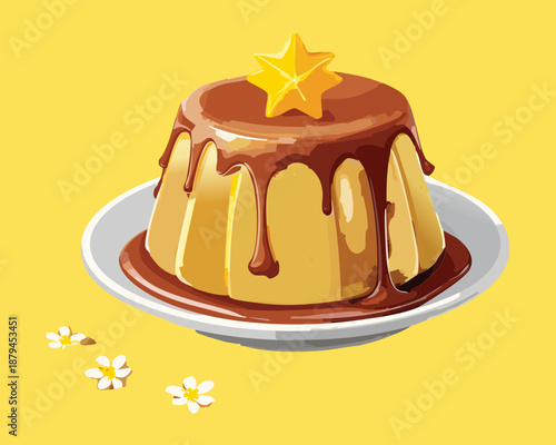 Caramel flan or custard pudding with chocolate syrup on a plate for sweet dessert shop - Vector Illustration