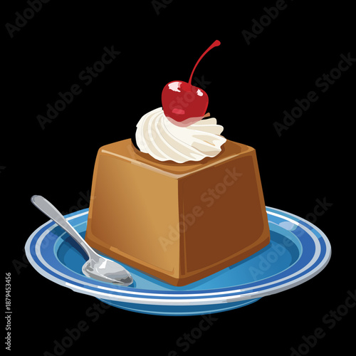 Chocolate pudding dessert with whipped cream and a cherry for sweet treat and cafe menu - Vector Illustration