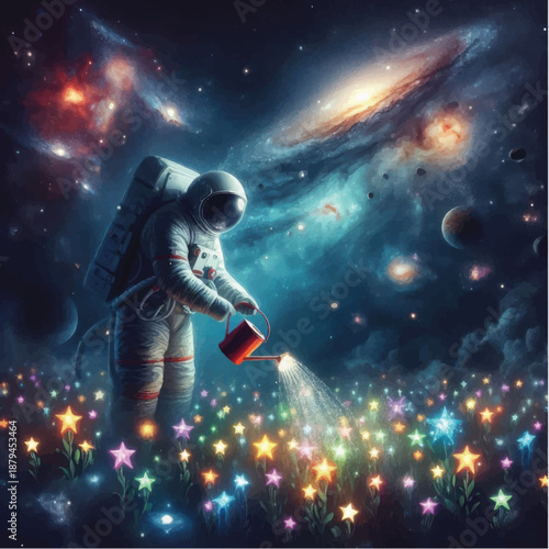 Astronaut Planting Stars in Space Garden.
