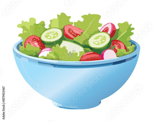 Healthy green salad bowl with cucumber radish and tomatoes for vegetarian diet and fresh meal - Vector Illustration