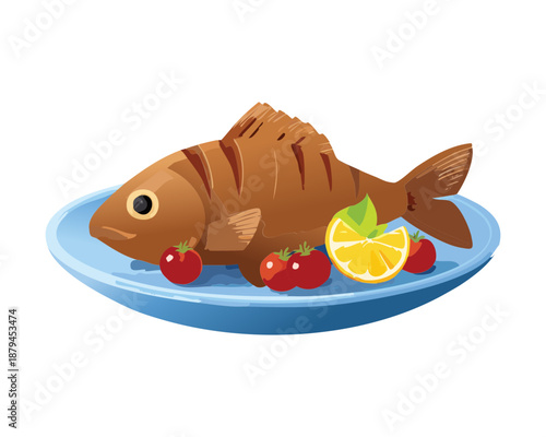 Cooked whole fish on a plate with lemon and tomatoes for healthy seafood meal design - Vector Illustration