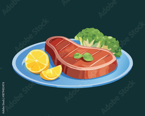 Juicy grilled steak served on a blue plate with broccoli and lemon for gourmet dinner - Vector Illustration