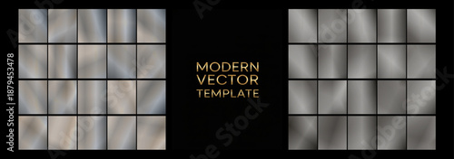 Series of sleek silver chrome gradient strips framing a central black card with golden flourishes, perfect for high-end branding, packaging, and digital layouts.	