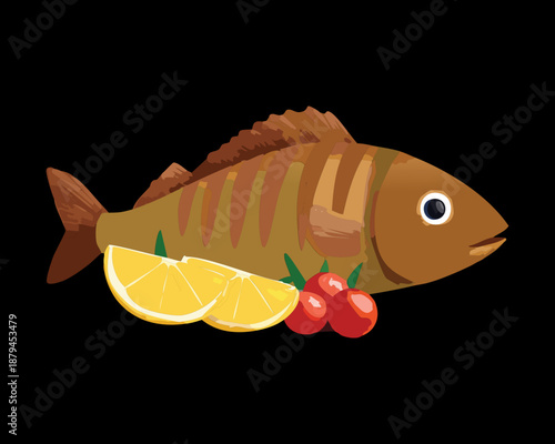 Grilled whole fish with lemon slices and tomatoes for healthy mediterranean seafood diet and meal - Vector Illustration