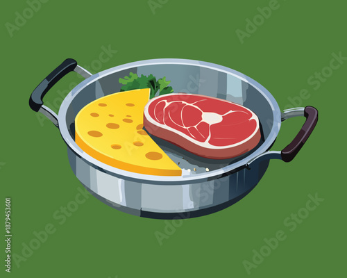 Cooking pan with raw beef steak and yellow cheese for gourmet meal preparation and recipe design - Vector Illustration