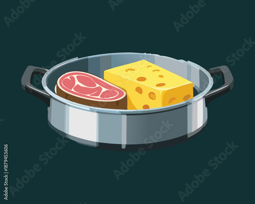 Fresh raw steak and a piece of cheese in a metal pan for cooking preparation - Vector Illustration