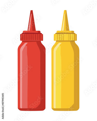 Red and yellow sauce bottles for ketchup and mustard condiment in fast food cafe setting - Vector Illustration