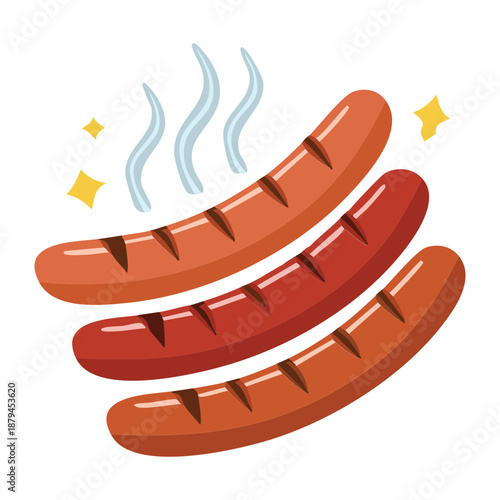Three delicious grilled sausages with smoke for meat lovers and barbecue party food menu design - Vector Illustration