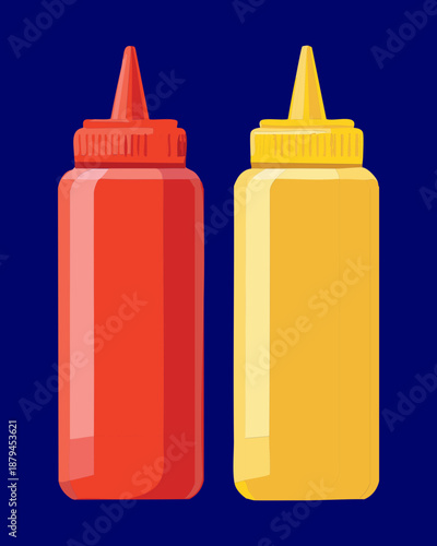 Mustard and ketchup bottles for fast food seasoning and restaurant condiment table setting design element - Vector Illustration