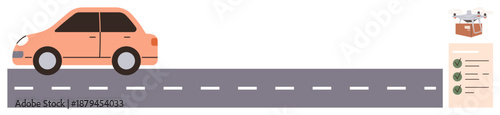 Smart transportation, road safety, autonomous technology, quadcopter monitoring, logistics planning, traffic analysis. Orange car on road, checklist and Quadcopter. Smart transportation and road