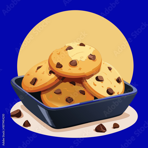 Pile of golden brown chocolate chip cookies on a plate for afternoon tea and snack time - Vector Illustration