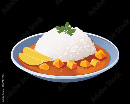 Delicious steamed white rice served with savory vegetable curry and sauce on a blue plate meal - Vector Illustration