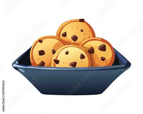 Bowl of sweet chocolate chip cookies for snack time and bakery shop dessert menu design element - Vector Illustration