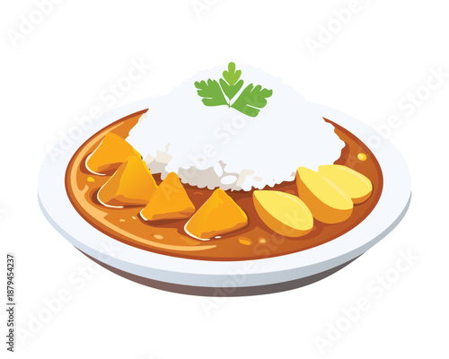 Savory white rice served with delicious vegetable curry for healthy asian meal and restaurant menu - Vector Illustration