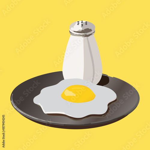 Simple breakfast set with fried egg and salt shaker for healthy morning nutrition and energy - Vector Illustration