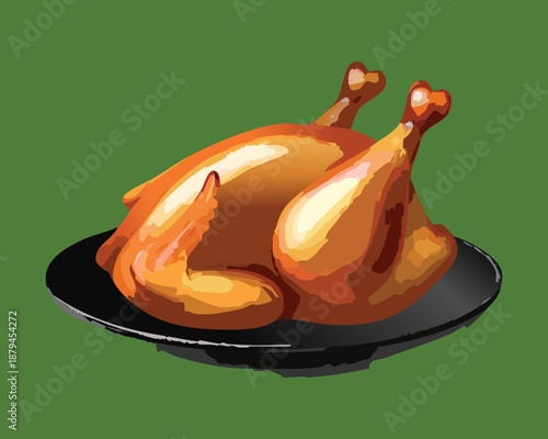 Roasted whole chicken for family dinner and festive celebration meal restaurant menu design element - Vector Illustration