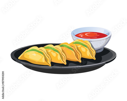 Plate of crispy gyoza dumplings with dipping sauce for japanese appetizer and restaurant food menu - Vector Illustration