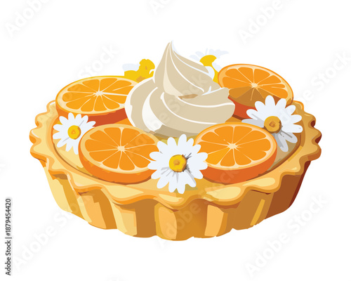 Delicious orange tart with cream topping for bakery shop and spring party dessert menu design - Vector Illustration