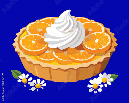 Orange fruit tart with whipped cream for sweet celebration and elegant bakery shop dessert menu - Vector Illustration
