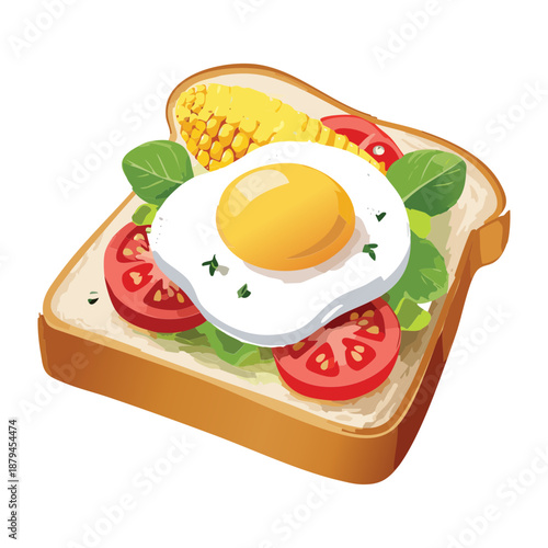 Fried egg toast with tomato and spinach for healthy breakfast and morning nutrition diet menu - Vector Illustration