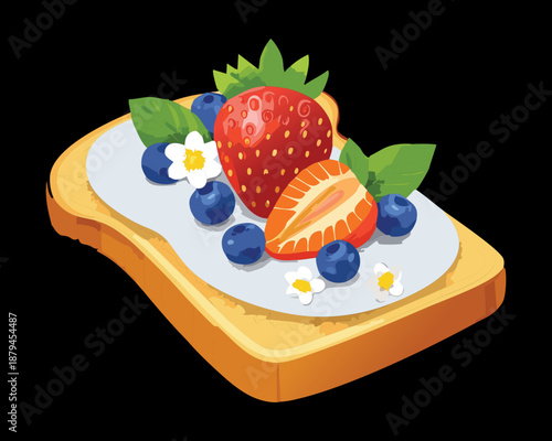 Strawberry and blueberry fruit toast for healthy snack and sweet morning breakfast menu design - Vector Illustration