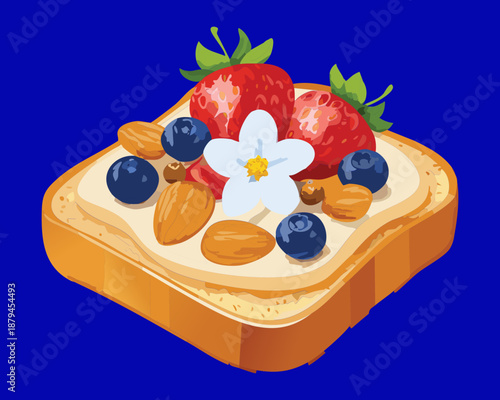 Mixed berry and almond toast for healthy breakfast and energy snack fruit dessert menu design - Vector Illustration