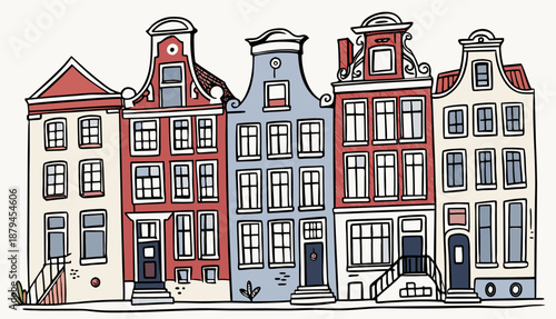 Colorful Amsterdam Canal Houses Watercolor Illustration