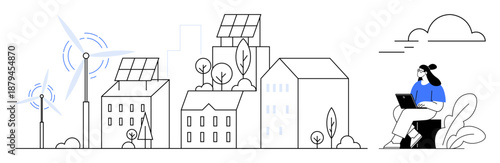 Renewable energy highlights sustainable living with solar panels and wind turbines. Renewable sources promote clean energy, eco-friendly urban designs, and environmental protection. Perfect