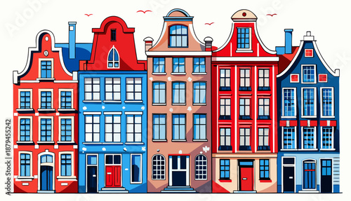 Canvastavla Colorful European Canal Houses Watercolor Illustration