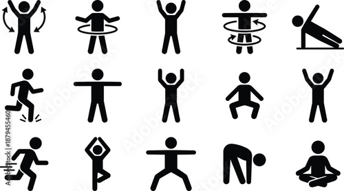 Black And White Vector Icon Set Of People Exercising Featuring Stick Figures Doing Yoga Running Stretching Hula Hooping And Jumping For Fitness Design Projects