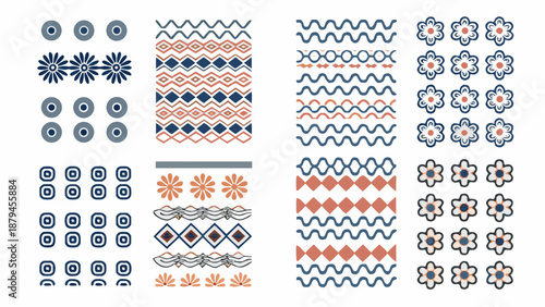 A collection of repeating geometric patterns in blue orange and white