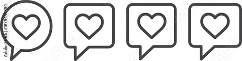 Three black and white heart speech bubbles in a row
