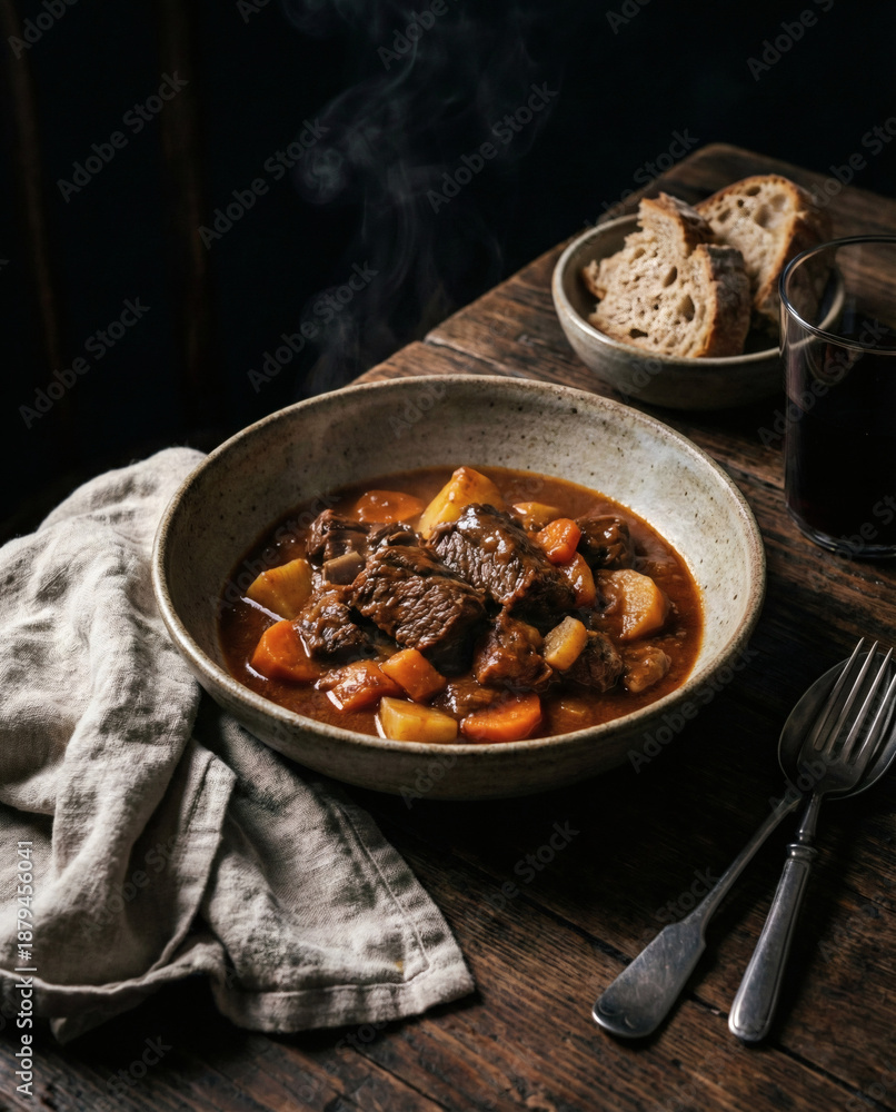 Fototapeta premium Rustic Beef Goulash Stew in Ceramic Bowl on Dark Wooden Table with Steam and Vintage Cutlery