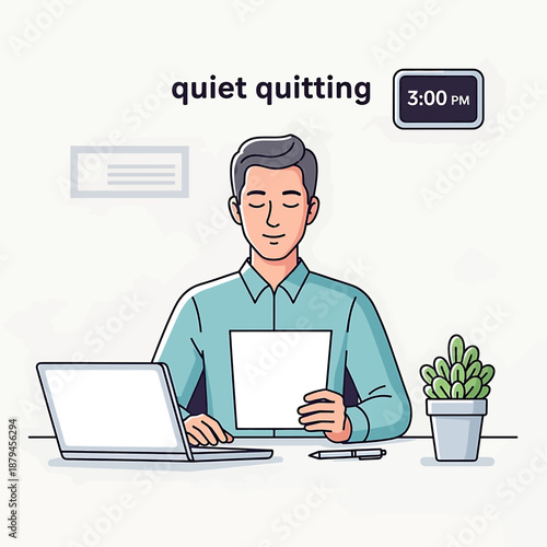 Man relaxing at desk with laptop and paper in a serene office environment from a frontal viewpoint