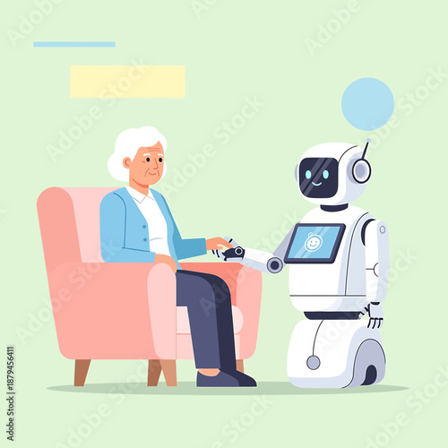 Elderly woman interacts with humanoid robot in a living room setting with a sofa and calm atmosphere from a front viewpoint, File Image_fx (27).svg