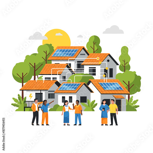 Community members gathered outside eco-friendly homes with solar panels and lush greenery