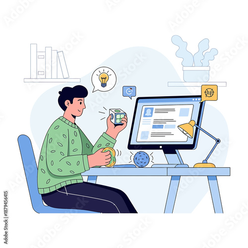 Person working on computer with graphic design software and lightbulb idea at desk in office environment