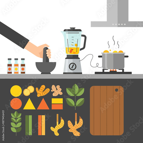 Preparing a healthy meal in a modern kitchen with a blender and cooking ingredients on a countertop from a top-down viewpoint