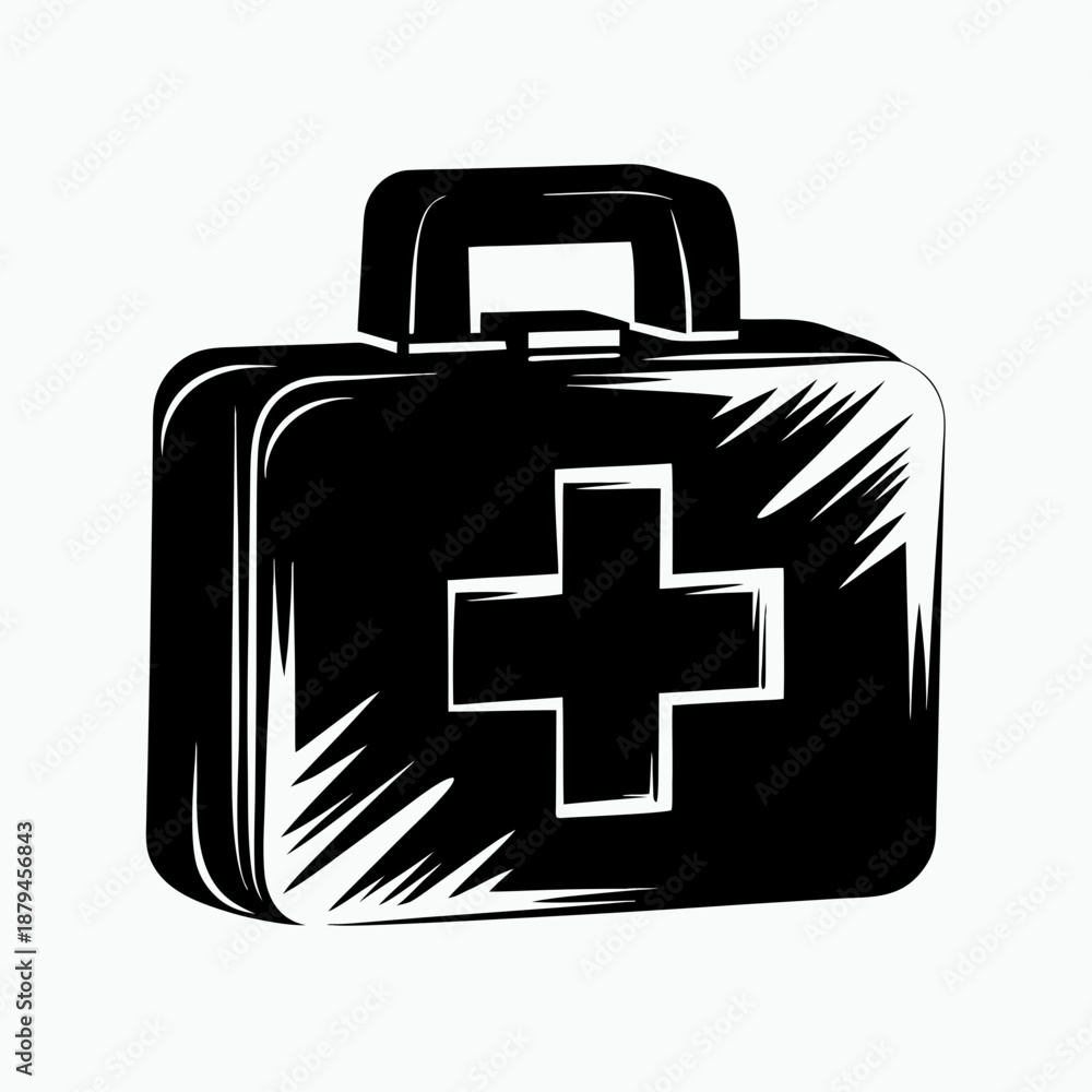 Obraz premium First aid kit with medical cross symbol in black and white design 