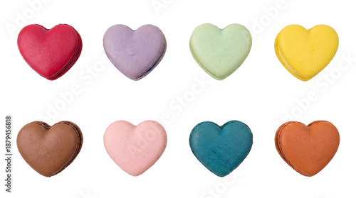Colorful heart macaron set including red, purple, green, yellow, brown, pink, blue, and orange flavors isolated. Sweet romantic dessert collection for valentine's day.