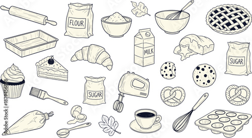 Baking and Cooking Doodle Set with Ingredients Tools Desserts and Kitchen Elements Vector