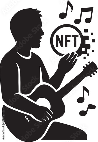 Silhouette of a musician with guitar creating and selling music NFT vector illustration