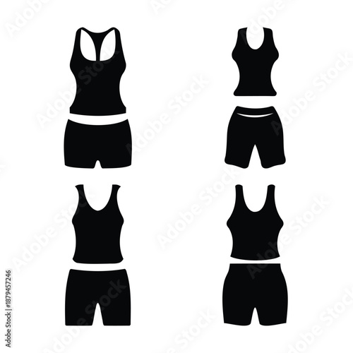 Collection of women's activewear or swimwear silhouettes featuring various tank tops and shorts designs