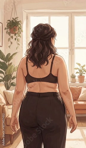 Plus size woman seen from behind in bra and black pants at home  
