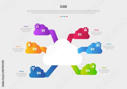 Cloud base shape infographics gradient template diagram with centered main objects with thick line connected with gear badge with 6 point step creative